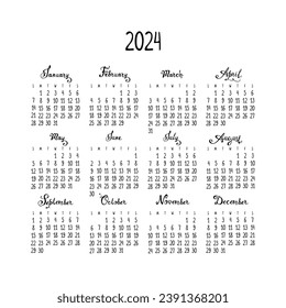 Vector calendar grid for 2024 in English