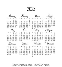 Vector calendar grid for 2025 in English