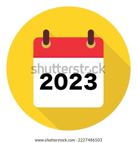 Vector calendar icon 2023 year flat calendar icon with long shadow on yellow background.