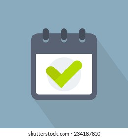 Vector calendar icon with check mark. Flat design with long shadow