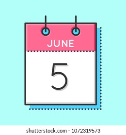 Vector Calendar Icon. Flat and thin line vector illustration. Calendar sheet on light blue background. June 5th