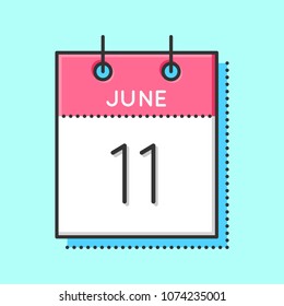 Vector Calendar Icon. Flat and thin line vector illustration. Calendar sheet on light blue background. June 11th