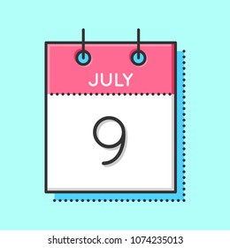 Vector Calendar Icon. Flat and thin line vector illustration. Calendar sheet on light blue background. July 9th. Argentina Independence Day
