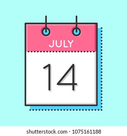 Vector Calendar Icon. Flat and thin line vector illustration. Calendar sheet on light blue background. July 14th. Happy Bastille Day