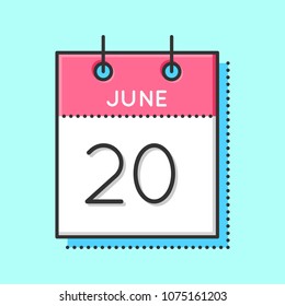 Vector Calendar Icon. Flat and thin line vector illustration. Calendar sheet on light blue background. June 20th. World Elephant Day