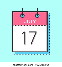 Vector Calendar Icon. Flat and thin line vector illustration. Calendar sheet on light blue background. July 17th