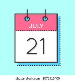 Vector Calendar Icon. Flat and thin line vector illustration. Calendar sheet on light blue background. July 21th