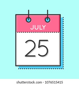 Vector Calendar Icon. Flat and thin line vector illustration. Calendar sheet on light blue background. July 25th