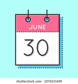 Vector Calendar Icon. Flat and thin line vector illustration. Calendar sheet on light blue background. June 30th