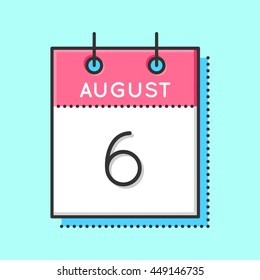 Vector Calendar Icon. Flat and thin line vector illustration. Calendar sheet on light blue background. August. 6th