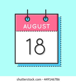 Vector Calendar Icon. Flat and thin line vector illustration. Calendar sheet on light blue background. August 18th