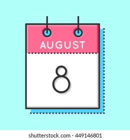 Vector Calendar Icon. Flat and thin line vector illustration. Calendar sheet on light blue background. August 8th
