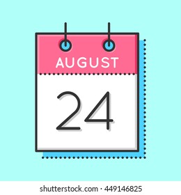 Vector Calendar Icon. Flat and thin line vector illustration. Calendar sheet on light blue background. August 24th