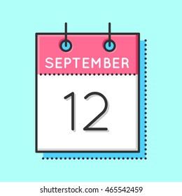 Vector Calendar Icon. Flat and thin line vector illustration. Calendar sheet on light blue background. September 12th