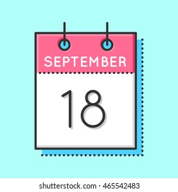 Vector Calendar Icon. Flat and thin line vector illustration. Calendar sheet on light blue background. September 18th