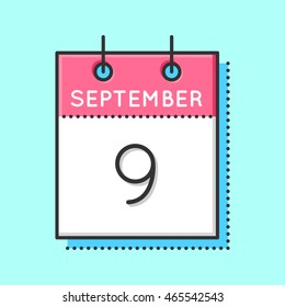 Vector Calendar Icon. Flat and thin line vector illustration. Calendar sheet on light blue background. September 9th