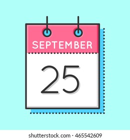 Vector Calendar Icon. Flat and thin line vector illustration. Calendar sheet on light blue background. September 25th