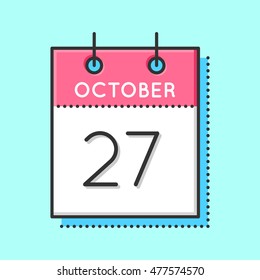 Vector Calendar Icon. Flat and thin line vector illustration. Calendar sheet on light blue background. October 27th