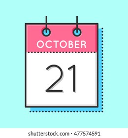 Vector Calendar Icon. Flat and thin line vector illustration. Calendar sheet on light blue background. October 21th