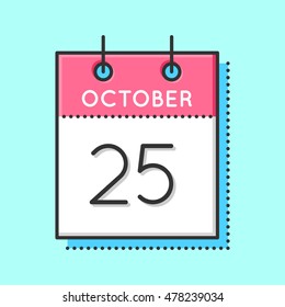 Vector Calendar Icon. Flat and thin line vector illustration. Calendar sheet on light blue background. October 25th