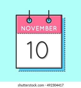 Vector Calendar Icon. Flat and thin line vector illustration. Calendar sheet on light blue background. November 10th