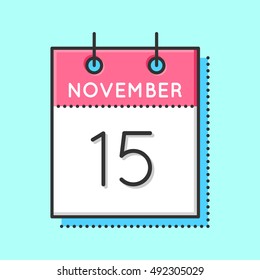 Vector Calendar Icon. Flat and thin line vector illustration. Calendar sheet on light blue background. November 15th
