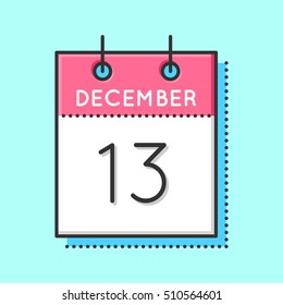 Vector Calendar Icon. Flat and thin line vector illustration. Calendar sheet on light blue background. December 13th