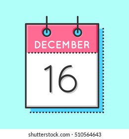 Vector Calendar Icon. Flat and thin line vector illustration. Calendar sheet on light blue background. December 16th