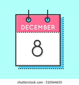 Vector Calendar Icon. Flat and thin line vector illustration. Calendar sheet on light blue background. December 8th