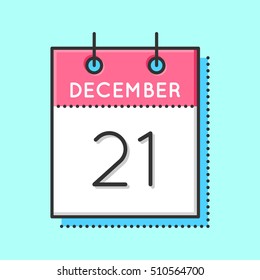 Vector Calendar Icon. Flat and thin line vector illustration. Calendar sheet on light blue background. December 21th