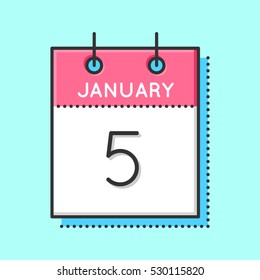 Vector Calendar Icon. Flat and thin line vector illustration. Calendar sheet on light blue background. January 5th