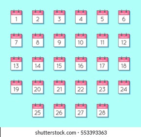 Vector Calendar Icon. Flat and thin line vector illustration. Calendar sheets on light blue background. February 1-28 th.