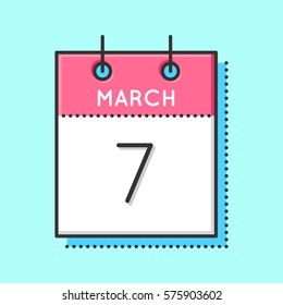 Vector Calendar Icon. Flat and thin line vector illustration. Calendar sheet on light blue background. March 7th
