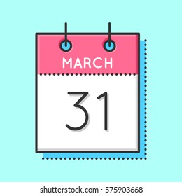 Vector Calendar Icon. Flat and thin line vector illustration. Calendar sheet on light blue background. March 31th