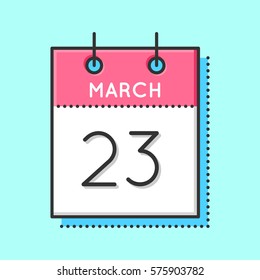 Vector Calendar Icon. Flat and thin line vector illustration. Calendar sheet on light blue background. March 23th