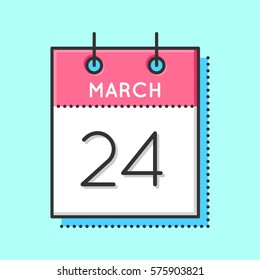 Vector Calendar Icon. Flat and thin line vector illustration. Calendar sheet on light blue background. March 24th