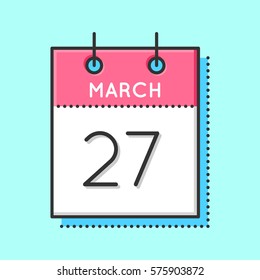 Vector Calendar Icon. Flat and thin line vector illustration. Calendar sheet on light blue background. March 27th