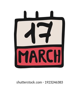Vektorkalender-Symbol in handgezeichnet Stil. Farbiges Datumssymbol. Einzige Illustration auf weißem Hintergrund. Design für Druck und Dekoration. Cartoon-Piktogramm für das Spiel. Doodle-Kalenderseite 17 des Marsches