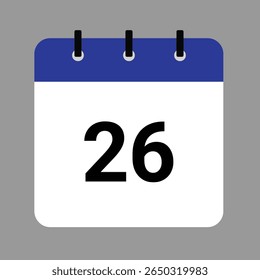Vector calendar icon illustration with day 26, date, month, and year for event and holiday planning template design