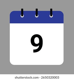 Vector calendar icon illustration with day 9, date, month, and year for event and holiday planning template design
