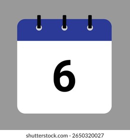 Vector calendar icon illustration with day 6, date, month, and year for event and holiday planning template design