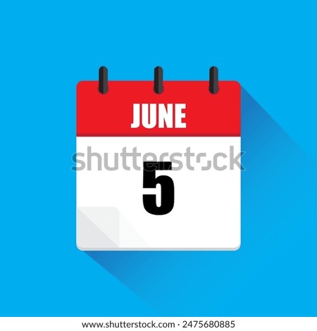 Vector calendar icon. June fifth date. Red and white colors. Blue background.