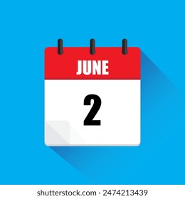 Vector calendar icon. June second date. Red and white colors. Blue background.