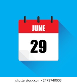Vector calendar icon. June twenty ninth date. Red and white colors. Blue background.