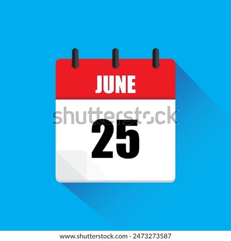 Vector calendar icon. June twenty fifth date. Red and white colors. Blue background.