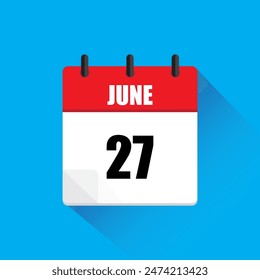 Icono de calendario de Vector. 27 de junio. Colores rojo y blanco. Fondo azul.