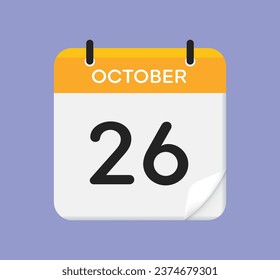 Vector calendar icon on yellow background. 26 October. Day, month. Flat style.