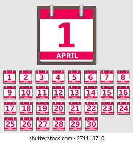 Vector Calendar Icon set, April month. Vector illustration.