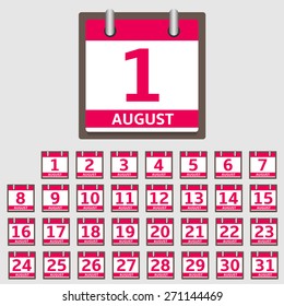 Vector Calendar Icon set, August month. Vector illustration.