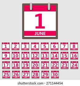 Vector Calendar Icon set, June month. Vector illustration.